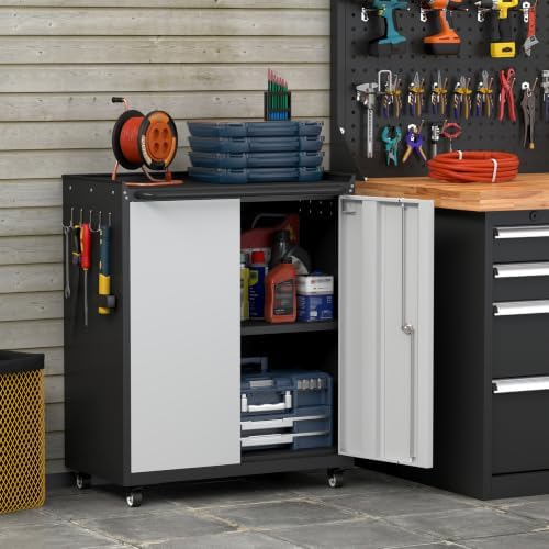 32''H Metal Garage Storage Cabinet with Wheels, Tool Storage Cabinets with Lock, Lockable Steel Rolling Tool Chest with Doors & Adjustable Shelves for Garage, Home, Office