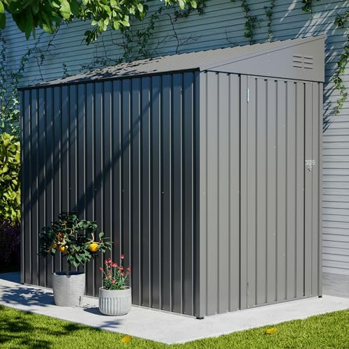 YOPTO 4x7 FT Outdoor Storage Shed Lean to Shed,Metal Shed W/Lockable Door & Air Vent,All Weather Waterproof Garden Tool House W/Reversible Installation,for Backyard,Patio,Lawn,Dark Gray