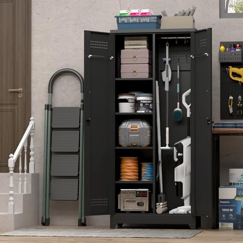 IRONFFICE Metal Utility Closet,Broom Closet Storage Cabinet with Doors and Shelves,Locking Storage Cabinets for Home Office,Gym,Laundry,Black