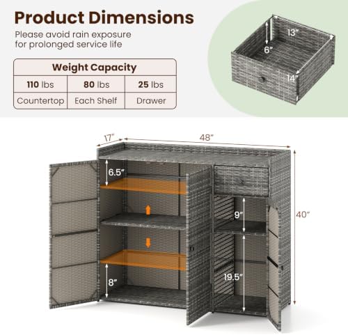 Tangkula Rattan Outdoor Storage Cabinet with 2 Adjustable Shelves