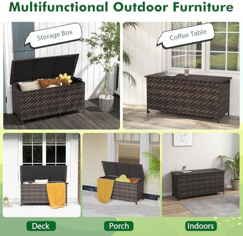 Tangkula Tightly-Woven Rattan Deck Box, Patiojoy Storage Cabinet Container with Polyester Liner, Universal Wheels & Gas Strut, 85 Gallon Indoor Outdoor Storage Box for Pillows, Cushions (Brown)