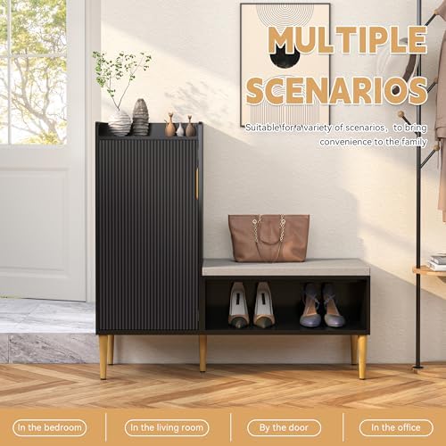 Storage Bench with Fluted Door&Shelf, L-Shaped Entryway Bench
