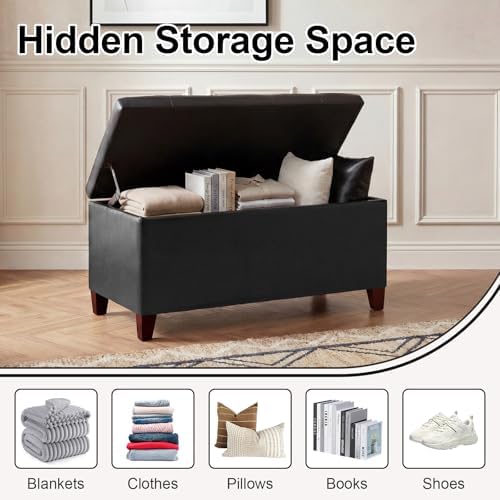 Asense Storage Ottoman Bench, 33" Faux Leather Upholstered End of Bed Bench with Safety Hinge,Wooden Legs,for Entryway Bedroom Living Room,Black