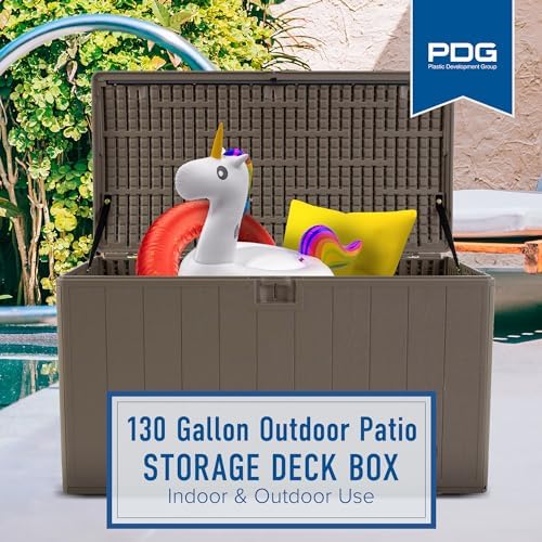 Plastic Development Group Outdoor Deck Box, Soft Close, Java, 130 Gal