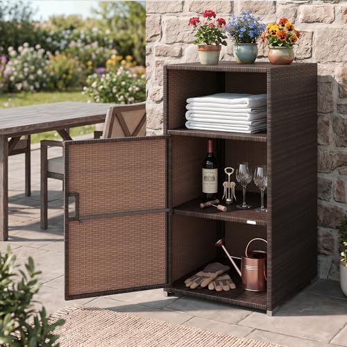 Tangkula Rattan Outdoor Storage Cabinet with 3 Storage Shelves