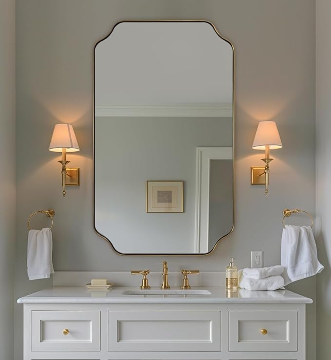 ANDY STAR 24"x40" Gold Mirror, Brushed Brass Scalloped Wall Mirror, Unique