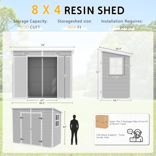 PIPLEO 8x4 FT Resin Outdoor Storage Shed with Floor