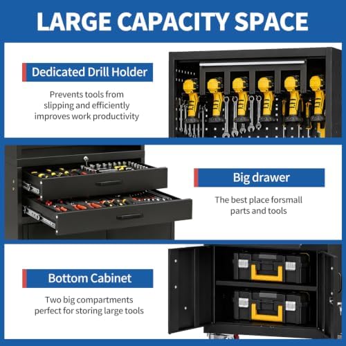 Mobile Tool Cart, Tool Chest with Locking Wheels, Charging Station