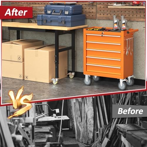 5 Drawers Rolling Tool Chest with Wheels, Portable Rolling Tool Boxes with Wheels, Tool Box Storage Cabinet with Locking System for Garage (Orange, 5 Drawers)
