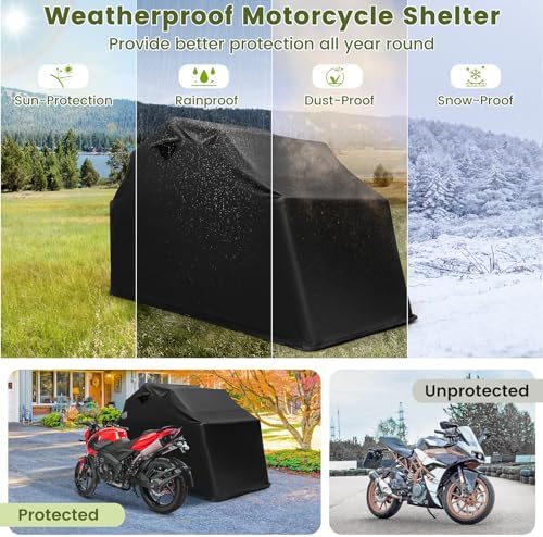 Goplus Motorcycle Storage Shed, 136 x 54 x 75 in Outdoor Motorcycle Tent Shelter Hard Shell, 600D Flip-Up Waterproof Cover, 2 Side Ventilation Windows, Heavy Duty Motorcycle Garage for Bikes, Vehicle