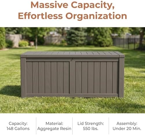 148 Gallon Resin Deck Box - Outdoor Storage Chest for Patio Furniture Cushions, Garden Tools, Pool Accessories & Backyard Organization Lockable Waterproof All-Weather, Easy Assembly