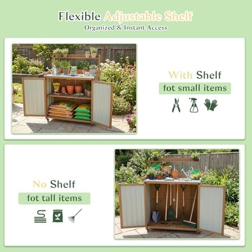 Outdoor Storage Cabinet with 4 Wheels and Handle, Metal & Wood Potting Bench Storage Cabinets with Waterproof Top, Removable Shelf, Potting Table & Workstation for Garden, Patio, Balcony, Garage