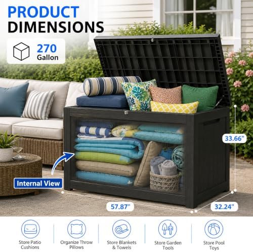300 Gallon Outdoor Storage Box Resin Deck Box All Weather Waterproof Large Lockable Storage Container Deck Box for Patio Furniture, Garden Tools, Lockable, Black New