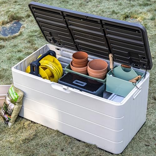 Mrosaa 110 Gallon Deck Box Waterproof,Double-Wall Resin Outdoor Storage Boxes, Deck Storage for boat slip storage,Cushions, Pool Float, Garden Tools,Patio Furniture, Lockable (OFF-WHITE)