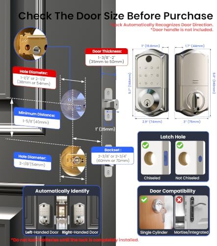 Veise VE017 Fingerprint Smart Door Lock with App Control, Satin Nickel