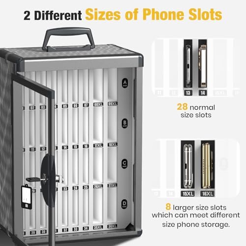 Glosen 36 Slots Cell Phone Locker, Portable Mobile Phone Storage Box [Wall Mounted] [Aluminum Alloy] Cell Phone Lock Box with Key & Handle for School,Classroom, Office, Exam (Black)
