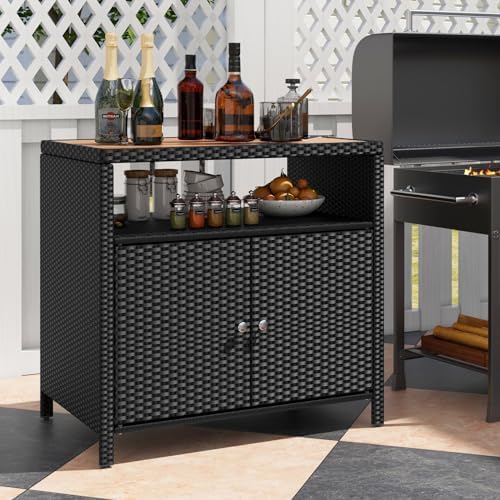 Rattan Storage Cabinet, Outdoor & Indoor Sideboards with Acacia Wood Countertop & Open Compartment, Wicker Patio Buffet Storage Bar Table for Garden Kitchen Poolside Backyard (Black)
