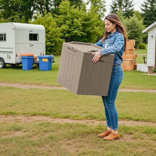 Devoko 30 Gallon Resin Deck Box 2 Pack Outdoor Indoor Waterproof Storage Box for Patio Furniture Pool Accessories Storage for Cushion Garden Tools (Light Brown, 2 Pack)