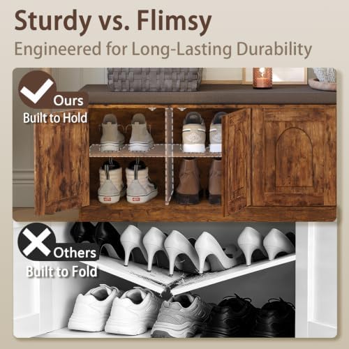 DINZI LVJ Shoe Storage Bench with Cushion, Door, Rustic Brown 39.4"LX17.7"H