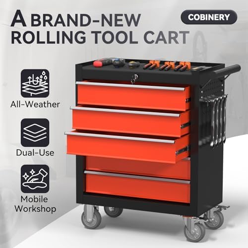5-Drawer Rolling Tool Chest with Wheels, Metal Tool Storage Cabinet with Lock&Keys and Swivel, Toolbox with drawers, Tool Box for Warehouse, Repair Shop, Workshop (Blackred, 5-Drawer)