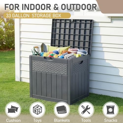 VINGLI 33 Gallon Weatherproof Lockable Outdoor Storage Box (Grey)