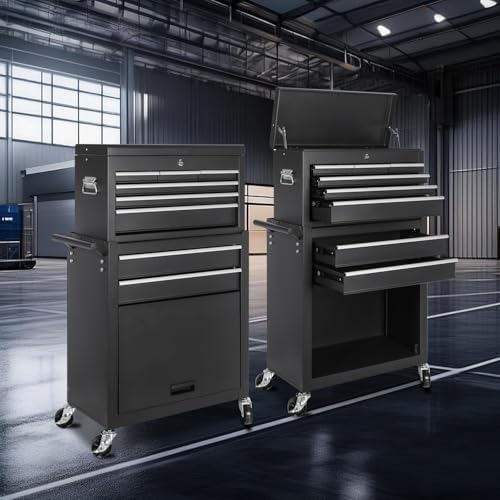 8-Drawer Rolling Tool Chest with Detachable Top Tool Box, Tool Cabinet with Universal Lockable Wheels, Mechanic Tool Organizer Storage Box for Garage Workshop Repair Shop Warehouse (Black)