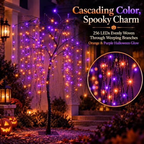 7 FT Halloween Lighted Willow Tree 256 LED Orange and Purple Lights Artificial Weeping Willow Tree with 6 Spiders Outdoor Indoor Decoration Christmas Festival Party Home Decor