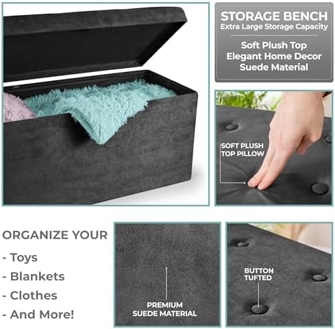 Sorbus Collapsible Storage Ottoman Bench (Black, Medium (15” x 30” x 15”))