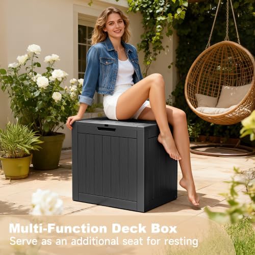 Vixzen Outdoor Storage Deck Box Waterproof Resin Lockable Outside Bench Porch Patio Furniture Pool Float Garden Tool Cushion UV Resistant Bin（40 Gallon, Black）