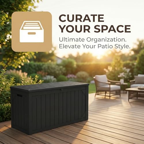 100 Gallon Outdoor Storage Bench - Waterproof Deck Box with Lock, UV Resistant Resin, Patio Furniture & Garden Tool Organizer, 400lb Capacity, Easy Assembly (Black, 1 Pack)