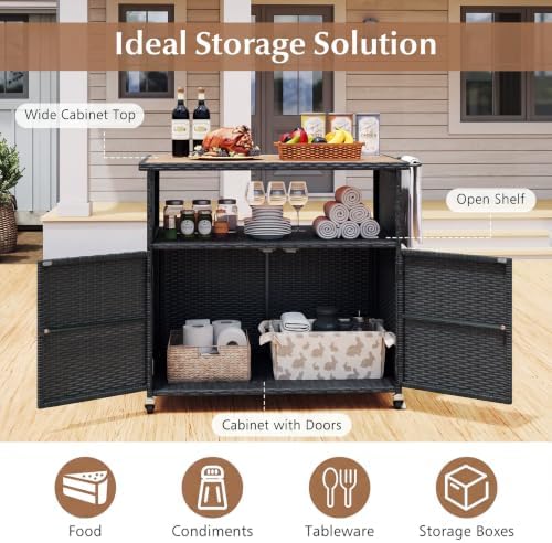 HAPPYGRILL Outdoor Storage Cabinet with Wheels, PE Rattan Deck Box (Black)