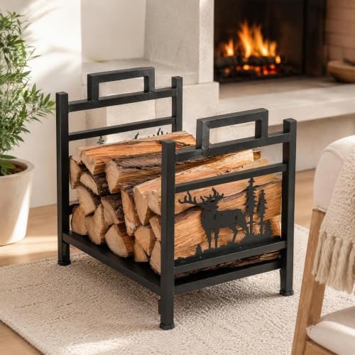 Goplus Firewood Rack Outdoor, 18.5” Metal Firewood Holder w/Mesh Sides & Base, Decorative Deer Patterns, Handle, Indoor Log Storage Rack, Small Wood Rack for Fireplace, Woodstove (18.5" x 13.5" x 18")