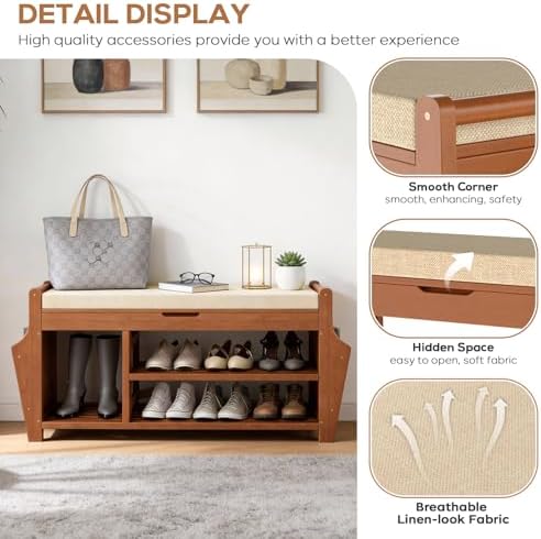 47.2in Shoe Bench Entryway - Bamboo Shoe Rack Bench with Storage, Shoe Rack
