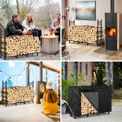 4FT Outdoor Firewood Rack, Wood Storage with 600D Waterproof Oxford Cover Heavy Duty 8 Legs Firewood Log Holder Indoor with Log Carrier, Gloves, and Kindling Hooks for Fireplace Patio Deck Wood Rack