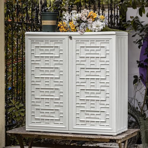 Mrosaa Indoor Outdoor Storage Cabinet Waterproof with Shelf, Off White Plastic Outdoor Cabinets for Patio/Garden/Backyard, Size 34.3''L*15''W*36.2''H