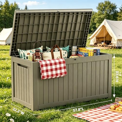 MAKINO 275 Gallon Resin Outdoor Storage Box, Waterproof Deck Box with Lockable Lid, Outside Storage Box for Patio Furniture, Pool Accessories, Garden Tools, Storage Bench for Backyard, Gray Brown