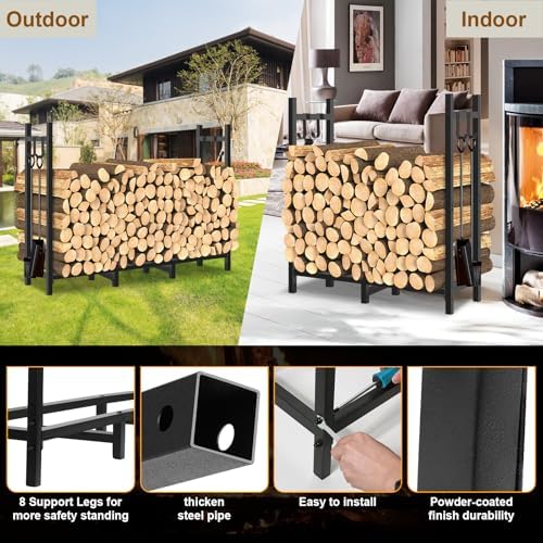4FT Outdoor Firewood Rack, Wood Storage with 600D Waterproof Oxford Cover Heavy Duty 8 Legs Firewood Log Holder Indoor with Log Carrier, Gloves, and Kindling Hooks for Fireplace Patio Deck Wood Rack