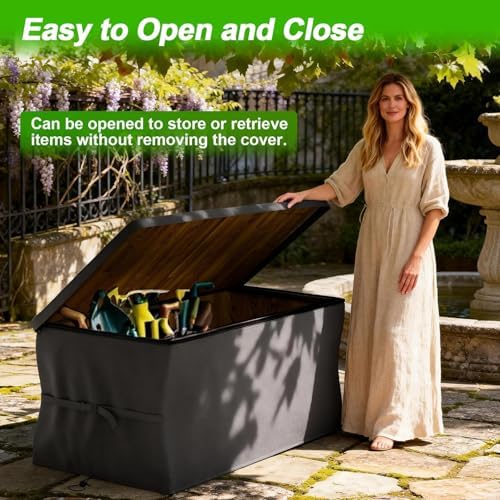 EVRBUL Upgraded Deck Box Cover 63×30×28 Inch for 150-230 Gallon Outdoor Storage Container Heavy Duty 420D Cover with Durable Two-way Zipper Windproof Buckles and Drawstrings