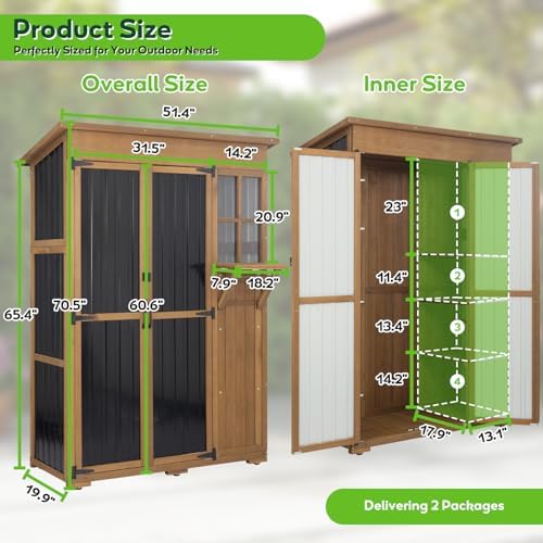 Large Outdoor Storage Cabinet Waterproof with Shelves, Outside Storage Shed Tall Backyard Cabinet with Fold-Out Table for Patio, Garage, Garden, Pool Accessories Storage, Black, 70.5" H x 51" L