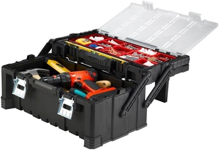 keter 17187311 tool box including assorted master pro, side view