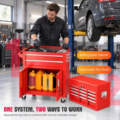 Bonusall 8 Drawer Rolling Tool Chest and Cabinet Combo,Heavy-Duty Metal Garage Tool Chest with Wheels and 2 Doors,2-in-1 Top Box and Roller Cabinet Combo for Garage, Workshop, Warehouse-Red