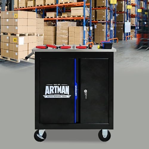 Double-Door Heavy-Duty Rolling Steel Tool Cart with Handle&Wheels, Metal Storage Organizer Cabinet, Tool Chest for Efficient Tool Storage in Garage, Warehouse, Workshop, Repair Shop, Blue