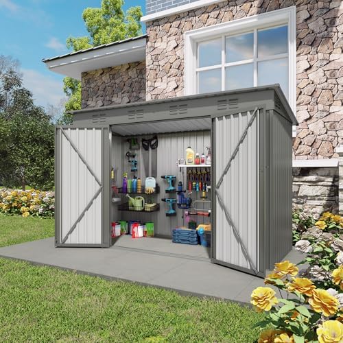 9x4 FT Outdoor Storage Shed, Metal Garden Shed with Window, Outside Tool Sheds with Lockable Hinged Doors, Waterproof Storage Building with 6 Air Vents for Backyard, Patio, Lawn, Gray