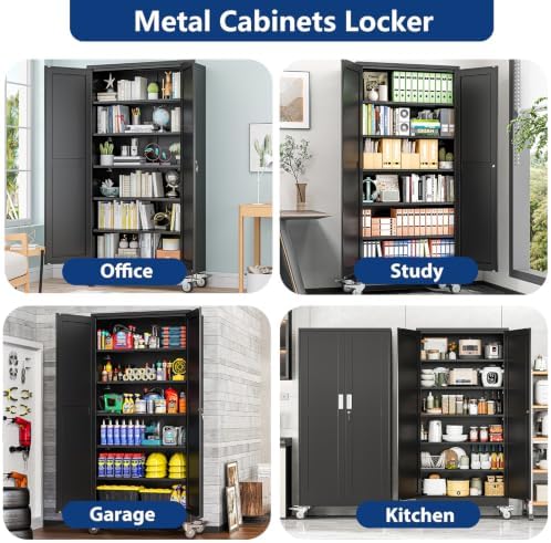 Ckzbx Metal Large Garage Storage Cabinet with Locking Doors and Adjustable Shelves,73.6" H Rolling Tool Storage with Wheels for Garage,Office (Black)