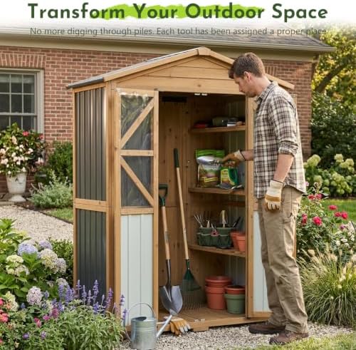 Outdoor Wooden Storage Shed Cabinet with 6 Adjustable Shelves