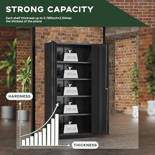Greenvelly Metal Cabinet, 72” Black Tool Steel Locking Cabinet with Doors and 4 Shelves, Tall Cabinets for Garage Storage Systems Lockable File Cabinet for Home Office, Classroom/Pantry