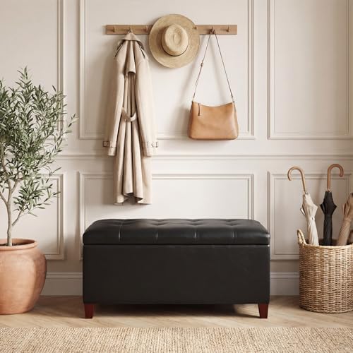 Asense Storage Ottoman Bench, 33" Faux Leather Upholstered End of Bed Bench with Safety Hinge,Wooden Legs,for Entryway Bedroom Living Room,Black