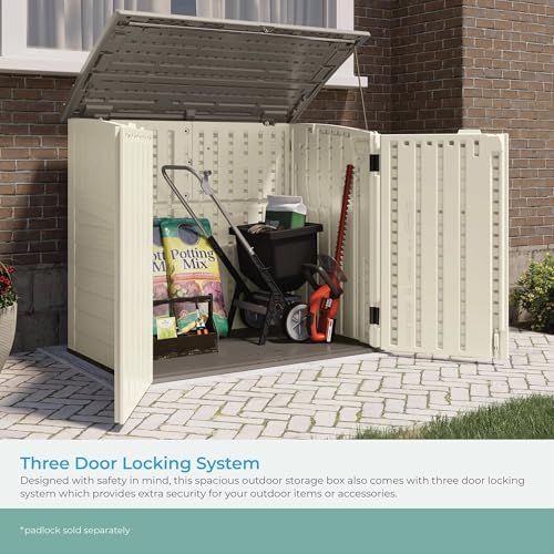 Suncast 4 Pack 34 Cu Ft Capacity Horizontal Outdoor Storage Shed for Garbage Cans, Garden Accessories, Backyard, and Patio Use, Vanilla
