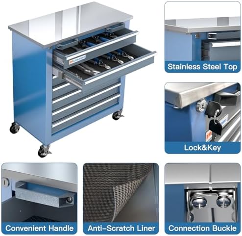LARBANKE 7-Drawer Rolling Tool Chest with Wheels&Foot Pads,Bluetool Cabinet