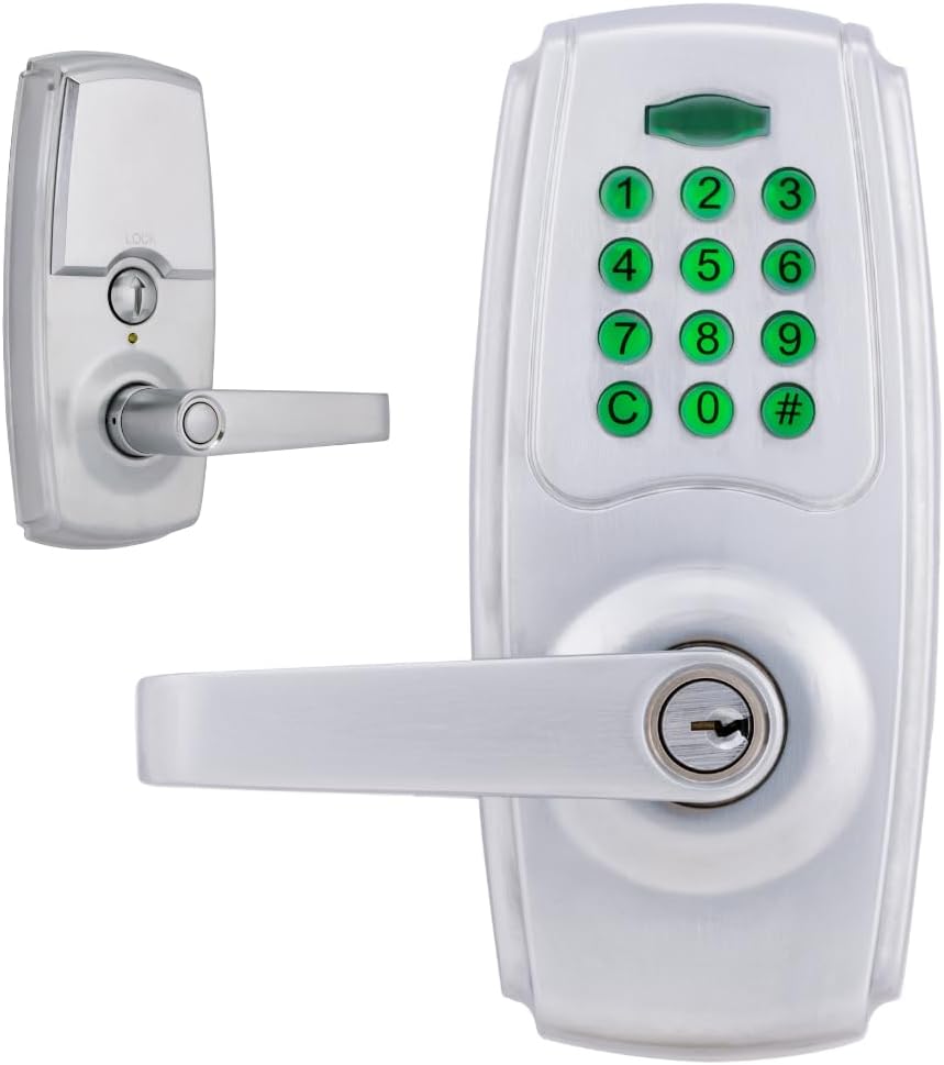 BRINKS ANSI Grade 2 Keypad Door Lock with Handle for Commercial & Residential Use, Keyless Entry Door Lock, 99 User Codes, Auto-Relock, Battery with Backup Keyway (Satin Nickel)
